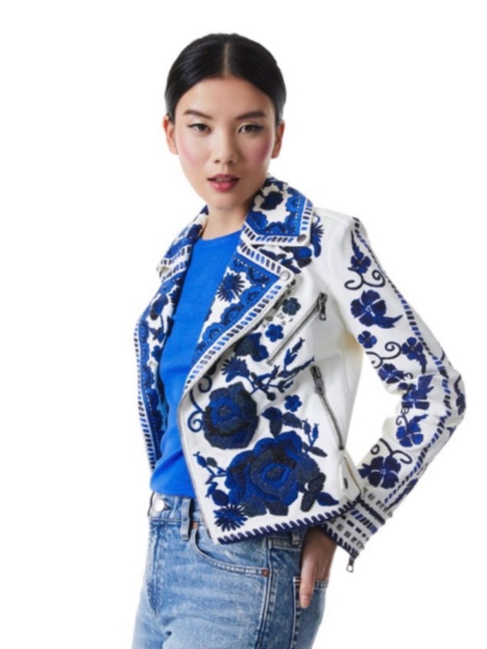 Alice + Olivia White Leather Jacket with Blue Floral Embroidery